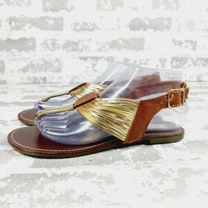 Steve Madden Stacie Women's T-Strap Brown Gold Thong Summer Flat Sandals D815